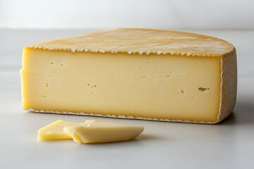 A wedge of cheese is cut in half and placed on a white table Generative Ai.