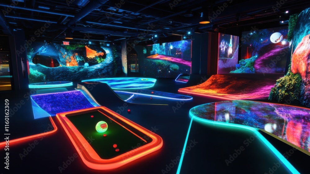 Poster a futuristic mini-golf course with holographic obstacles, high-tech course layout with virtual reali