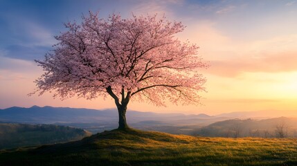 A magnificent and beautiful cherry blossom tree standing alone, with a beautiful view