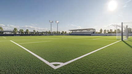 A modern soccer field with goalposts, bleachers, and a bright sky.