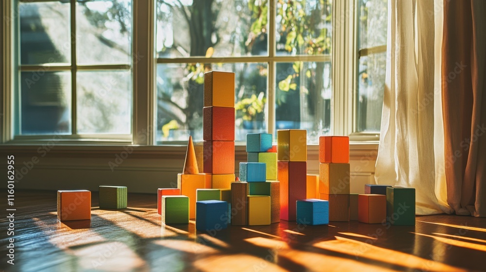 Aufkleber A joyous block-building session in a sunlit playroom, Colorful blocks arranged in playful patterns, Childlike imagination style