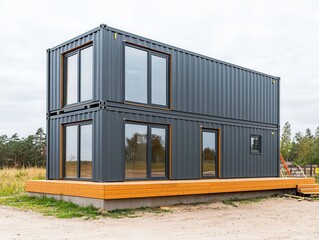 Fototapeta premium A container residence with an attached deck under construction in a coastal area