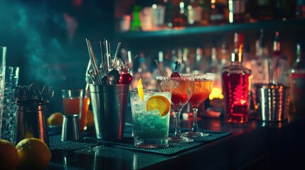 A lively cocktail bar with mixology tools and spirits, Bar counter set for a creative mixology session, Mixologist style