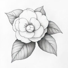 Fototapeta premium Monochrome drawing of a camellia flower with leaves. (1)