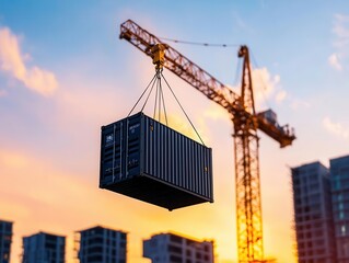 Fototapeta premium A waterfront container residential project with scaffolding and cranes in the background