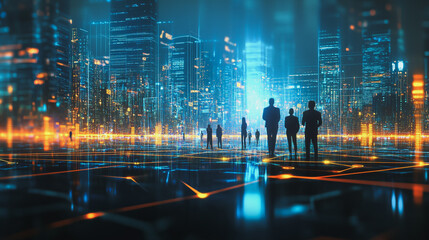 Fototapeta premium abstract professional business team people innovation connection of line from nail node to node on Smart Innovation city with connection cyber security network reciprocity , networking concept