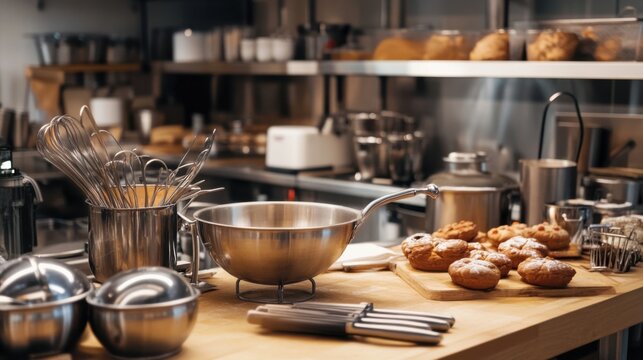 A lively pastry kitchen bustling with baking tools and delectable treats, Countertops adorned with mixing bowls and freshly baked goods, Culinary craftsmanship style
