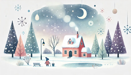 Naklejka premium Watercolor winter scene celebrating World Snow Day with Earth, snowmen, festive houses, and children sledding in cozy pastel colors