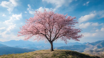 A magnificent and beautiful cherry blossom tree standing alone, with a beautiful view