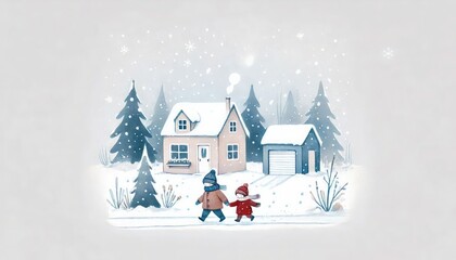 Fototapeta premium Watercolor winter scene celebrating World Snow Day with Earth, snowmen, festive houses, and children sledding in cozy pastel colors