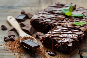 Rich brownies with chocolate drizzle, mint garnish, dark chocolate pieces, and a spoon dripping fudge on a wooden table, space for central text.