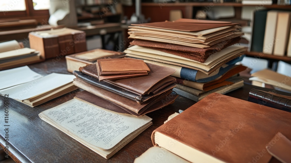 Poster a meticulously arranged bookbinding studio, leather and paper materials arranged for binding, artisa