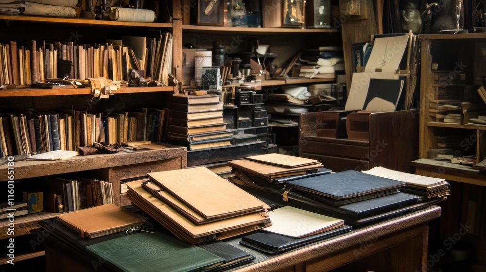Poster a meticulously arranged bookbinding studio, leather and paper materials arranged for binding, artisa