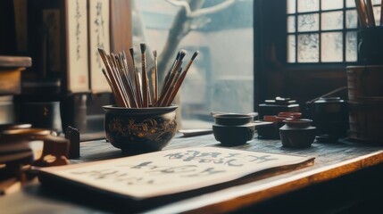 A meticulously arranged calligraphy studio, Ink pots and brushes poised for artistic expression, Traditional script style