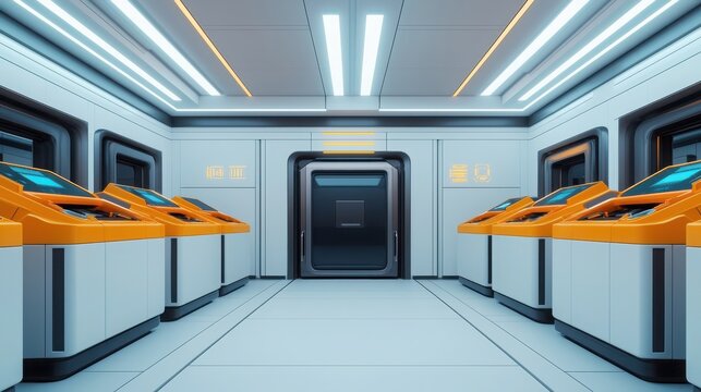 2025 Creative Projects vision and future. Futuristic corridor with orange devices and sleek design.