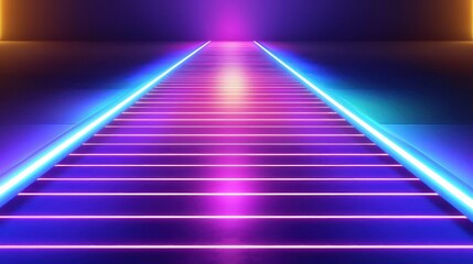 Neon-lit steps leading to vibrant light.