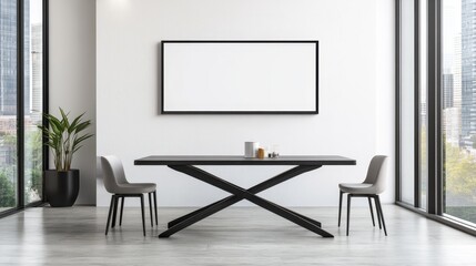 Modern dining area featuring a sleek table, chairs, and a large blank wall for art.