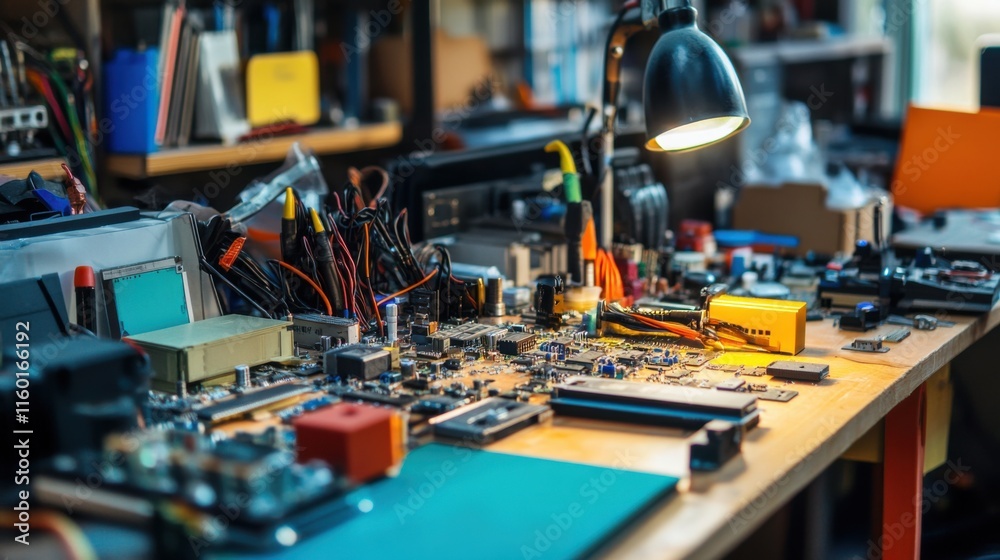 Poster A meticulously arranged home electronics tinkering lab, Circuit boards and soldering tools set for DIY projects, Tech enthusiast style
