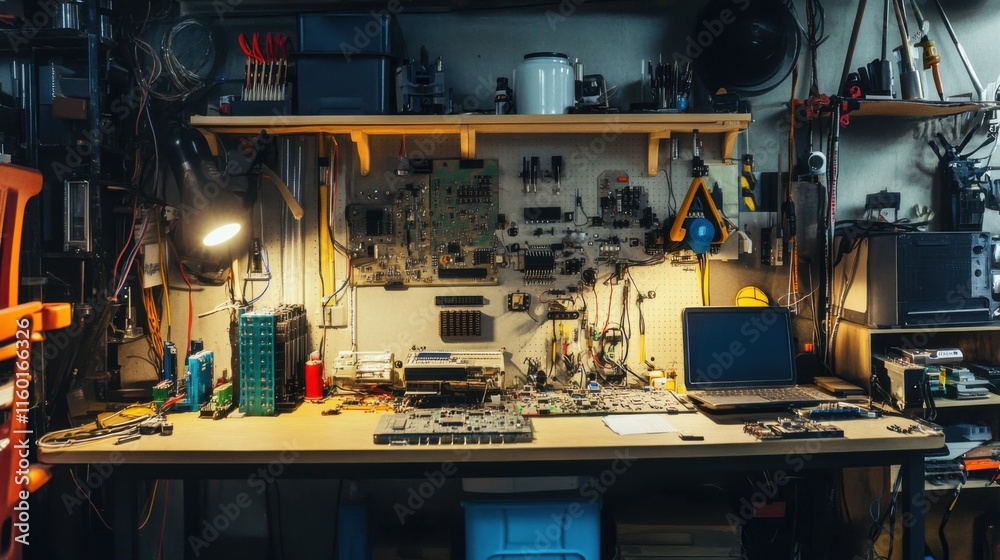 Poster a meticulously arranged home electronics tinkering lab, circuit boards and soldering tools set for d
