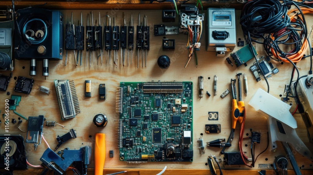 Poster A meticulously arranged home electronics tinkering lab, Circuit boards and soldering tools set for DIY projects, Tech enthusiast style