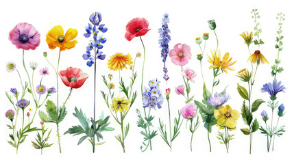 Fototapeta premium A vibrant collection of various wildflowers illustrated in a watercolor style. isolated on white background