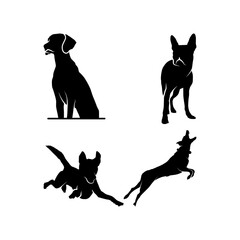 Silhouettes of Active and Relaxed Dogs in Various Poses on White Background
