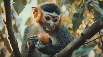 Fototapeta premium Adorable monkey eating fruit in a tree.