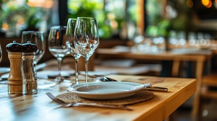 A dining setup featuring glasses, cutlery, and a plate on a wooden table in a restaurant.