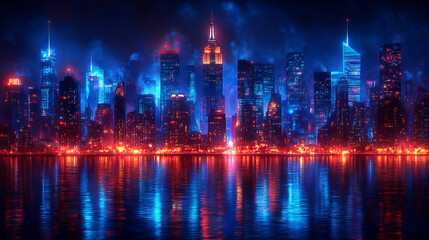 Fototapeta premium vibrant cityscape showcasing futuristic skyline with glowing lights reflecting on water, creating captivating urban atmosphere