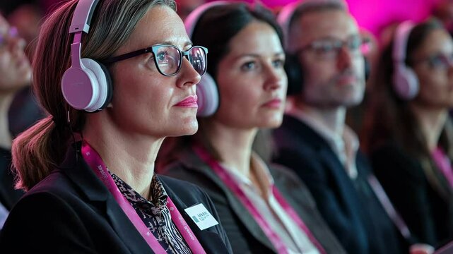 Stylish middle-aged business people sitting in the audience at a conference or meeting, wearing headphones and taking notes while listening to a speaker talk