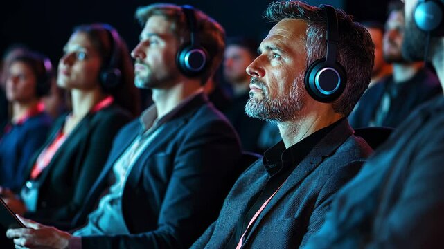 Stylish middle-aged business people sitting in the audience at a conference or meeting, wearing headphones and taking notes while listening to a speaker talk