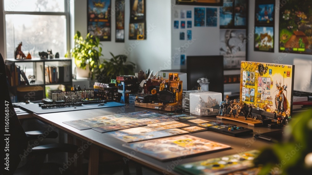 Poster a meticulously arranged tabletop game design studio, prototypes and design tools for creative playte