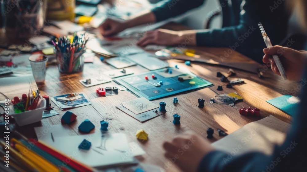 Poster a meticulously arranged tabletop game design studio, prototypes and design tools for creative playte