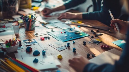 A meticulously arranged tabletop game design studio, Prototypes and design tools for creative playtesting, Game designer style