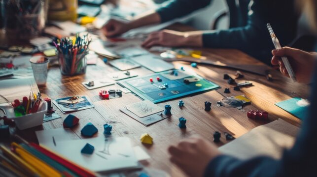 A meticulously arranged tabletop game design studio, Prototypes and design tools for creative playtesting, Game designer style