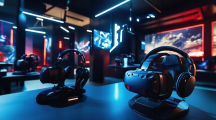 Fototapeta premium A meticulously arranged virtual reality gaming den, VR headsets and immersive gaming setups for virtual adventures, Futuristic gaming style