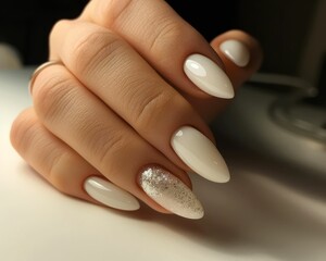 Perfect manicure with milk long nails. AI generative