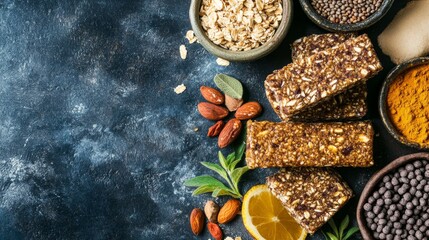 Healthy snack bars with nuts, oats, and spices on rustic background