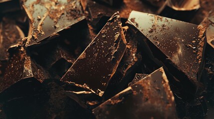 Close-up of broken dark chocolate pieces.