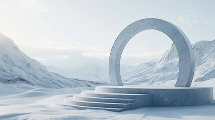Minimalist stone arch and steps in snowy mountain landscape.