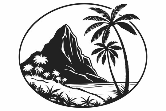 recommend clip art: A tropical mountain black color line art silhouette  vector with palm trees C