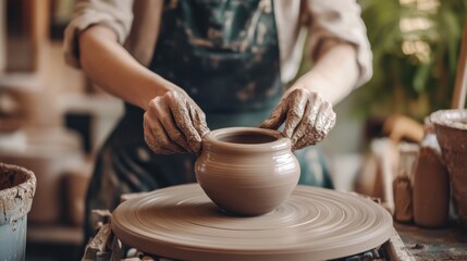 A meticulously organized pottery wheel studio, Clay spinning under skilled hands, Ceramic creation style