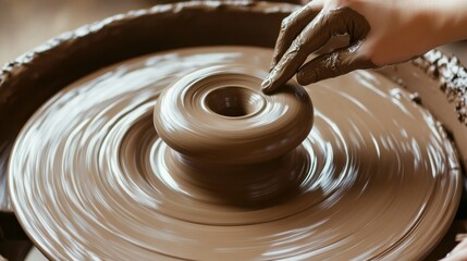 A meticulously organized pottery wheel studio, Clay spinning under skilled hands, Ceramic creation style