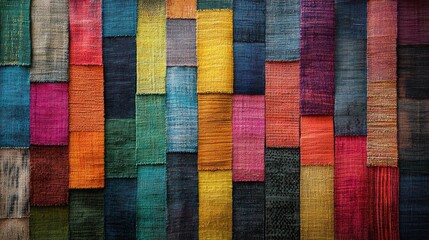 Colorful textile samples, vibrant patchwork.