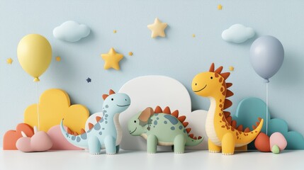 Obraz premium Colorful Dinosaur Toys with Balloons and Clouds in a Playful Setting for Children