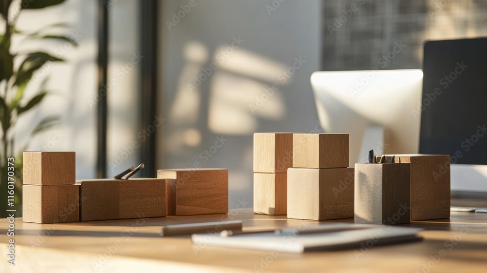 Poster A minimalist office with blocks used for creative desk organization, Blocks arranged in functional patterns, Modern workspace style