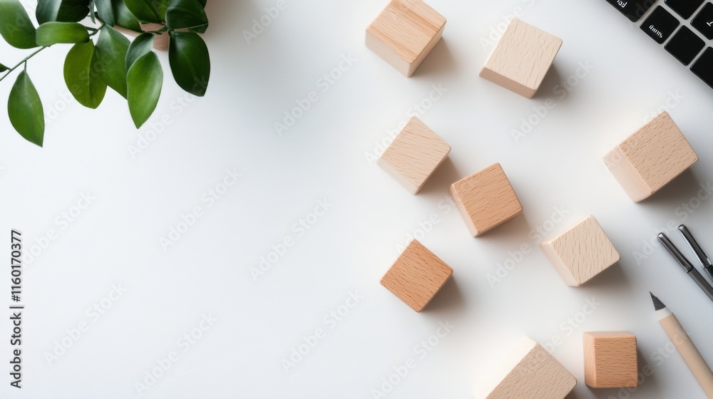 Poster A minimalist office with blocks used for creative desk organization, Blocks arranged in functional patterns, Modern workspace style