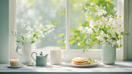 Good Vibe on Sunday, A cozy Sunday morning scene featuring sunlight streaming in, perfect for evoking warmth and tranquility in stock imagery.