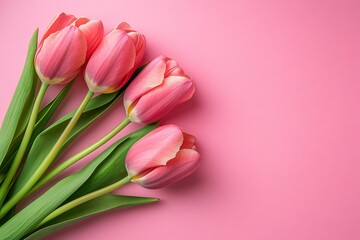 Fototapeta premium Romantic flat-lay of tulips on pastel backgrounds for Valentine's Day. AI generated image