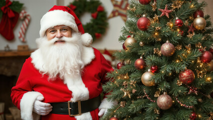 Obraz premium Santa Claus in a Snowy Forest Setting During Christmas Season